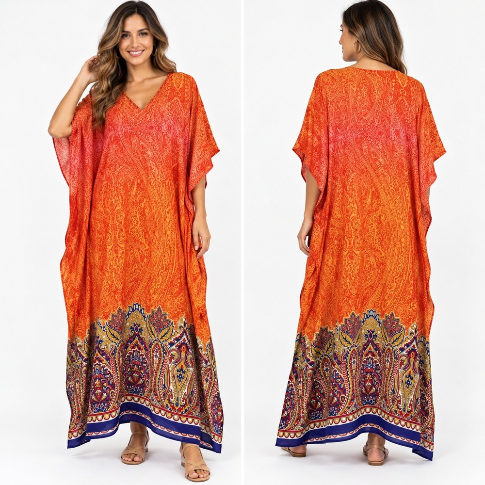 Good Times Orange Paisley Kaftan Maxi Dress V-Neck Oversized One Size OSFA